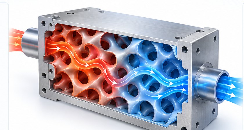 Cutaway render of a TPMS lattice heat exchanger showing separated hot and cold flow channels